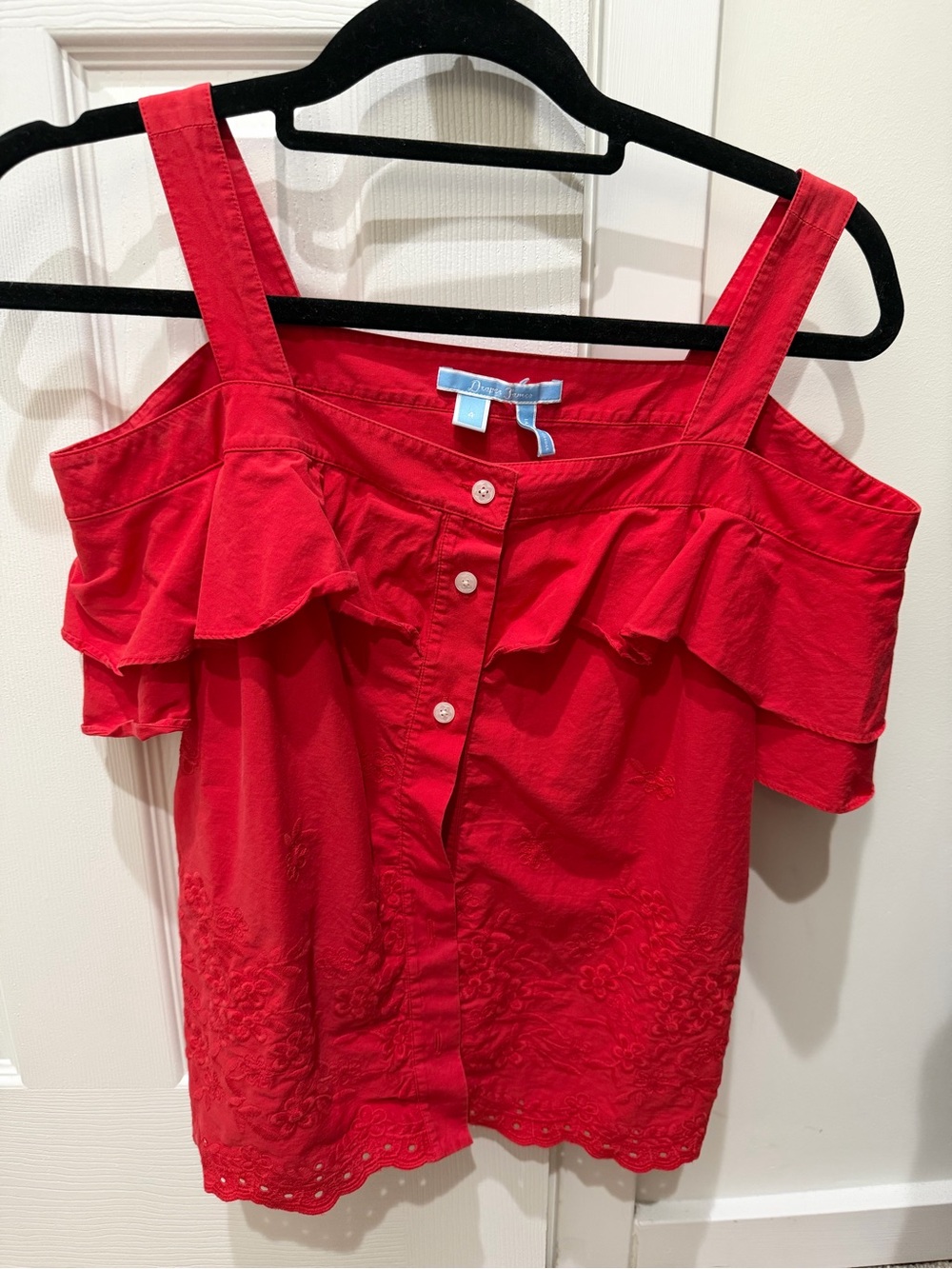 Draper James Red Off-Shoulder Ruffle Button-Front Top